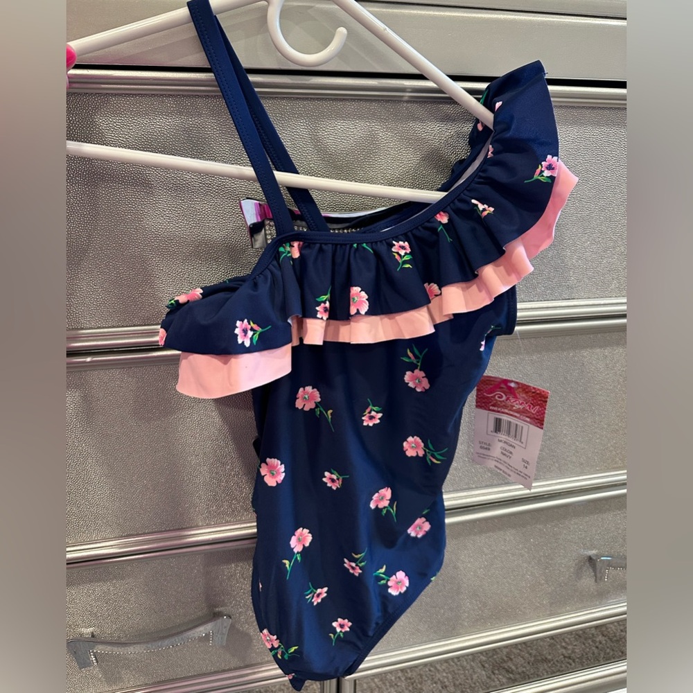 Kanu Surf Kids Floral Ruffle Swimsuit - Navy and Pink